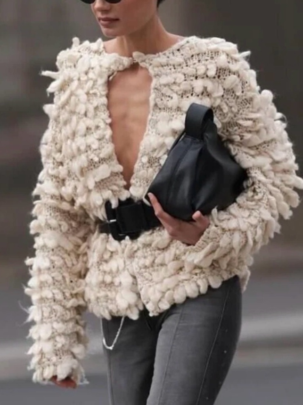 Zara Chunky Cream Knit Popcorn Cardigan Jacket